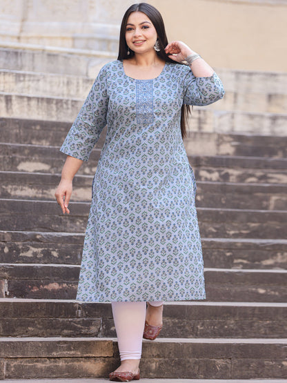 Straight Style Cotton Fabric Blue Color Kurta