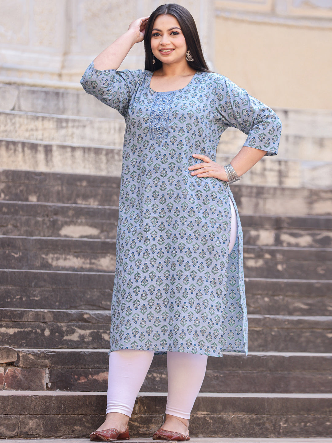 Straight Style Cotton Fabric Blue Color Kurta