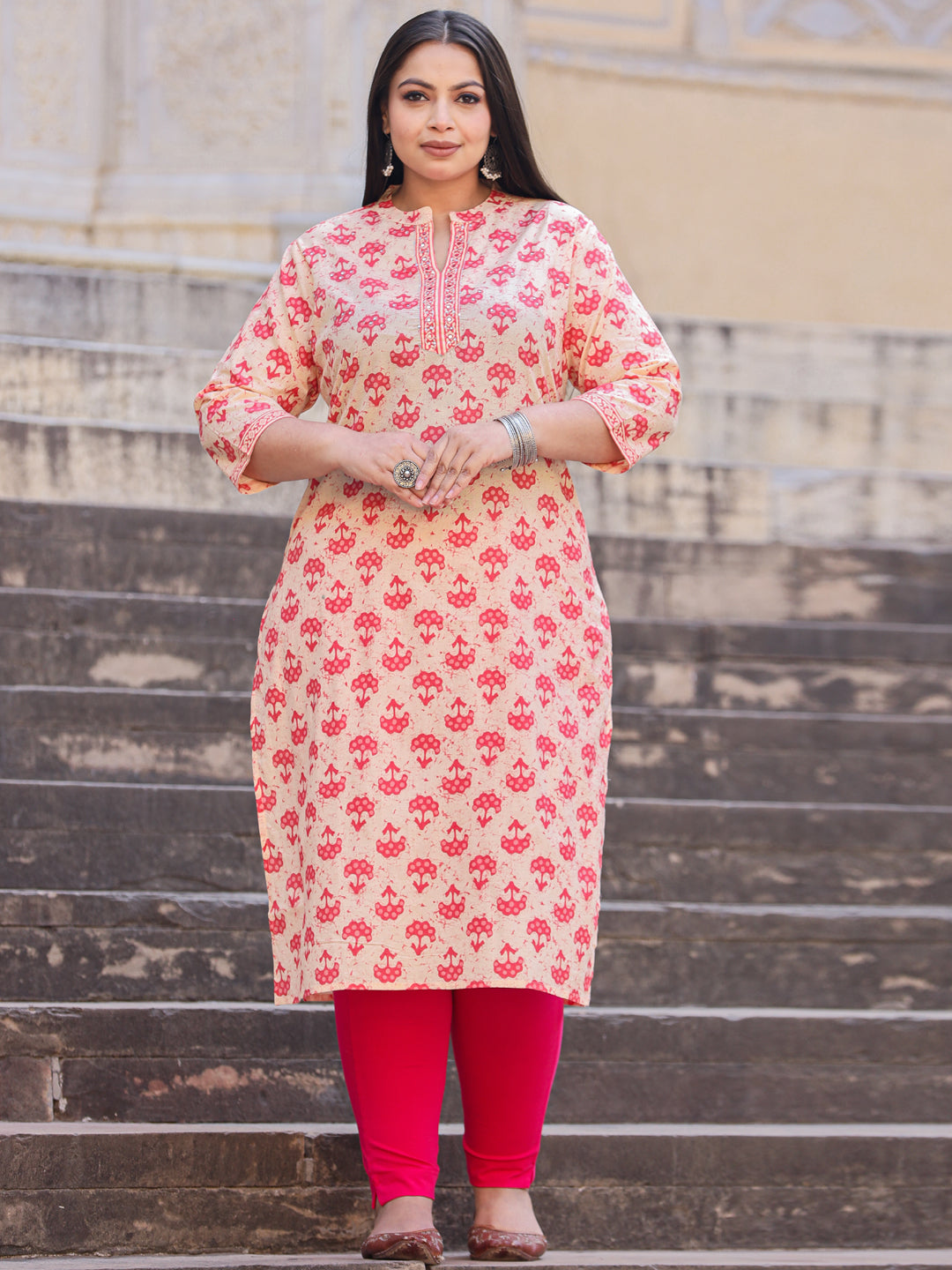 Straight Style Cotton Fabric Pink Color Kurta