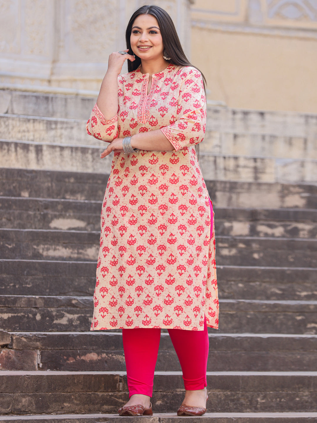 Straight Style Cotton Fabric Pink Color Kurta