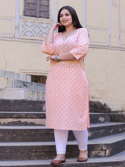 Straight Style Cotton Fabric Peach Color Kurta