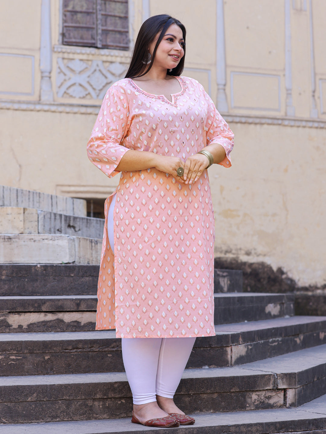 Straight Style Cotton Fabric Peach Color Kurta