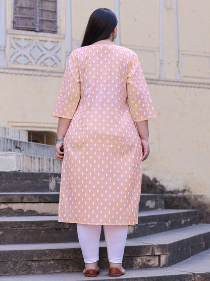 Straight Style Cotton Fabric Peach Color Kurta
