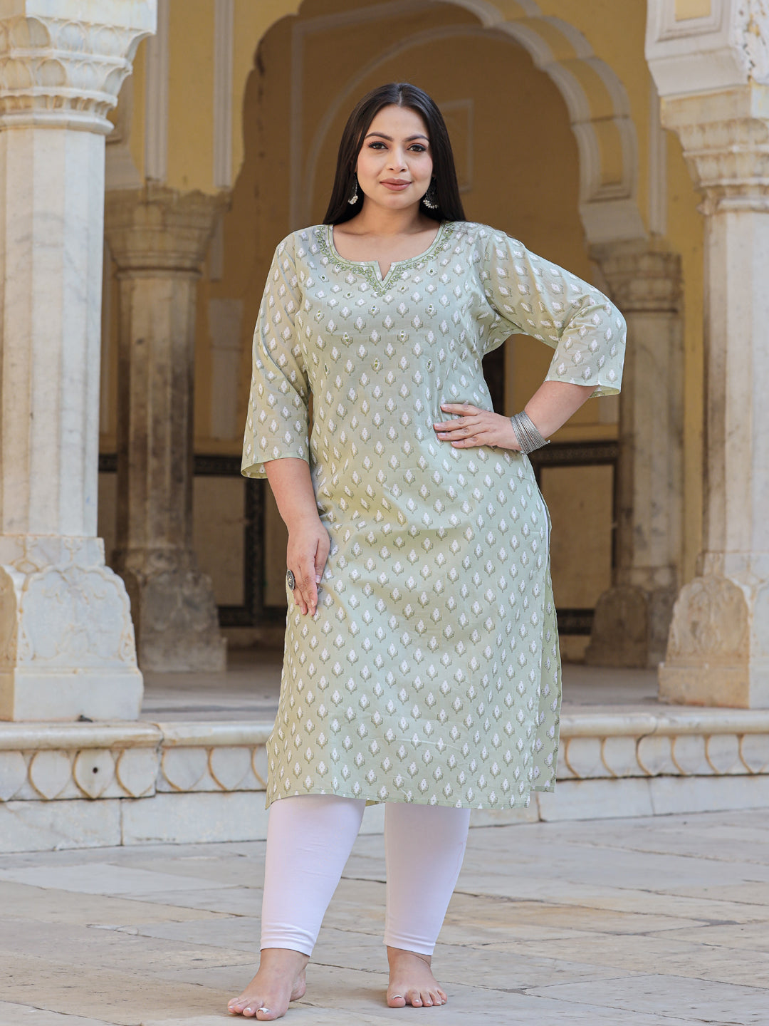 Straight Style Cotton Fabric Green Color Kurta