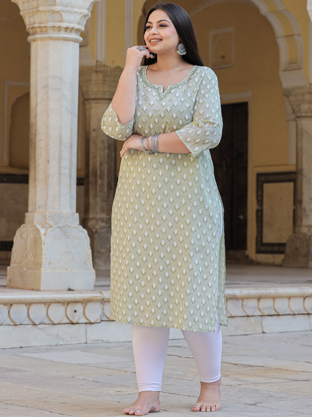 Straight Style Cotton Fabric Green Color Kurta