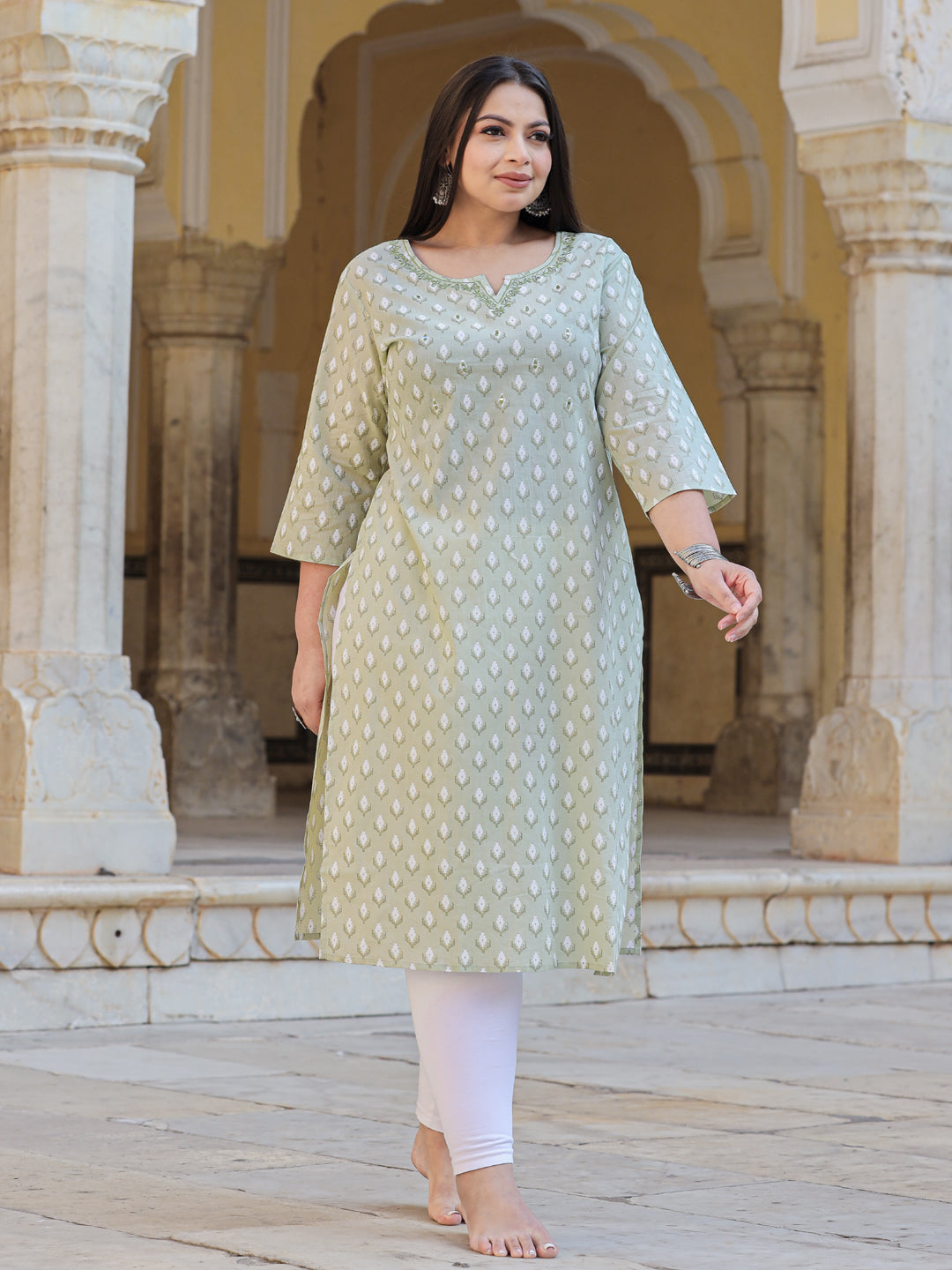 Straight Style Cotton Fabric Green Color Kurta