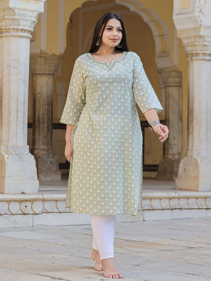 Straight Style Cotton Fabric Green Color Kurta