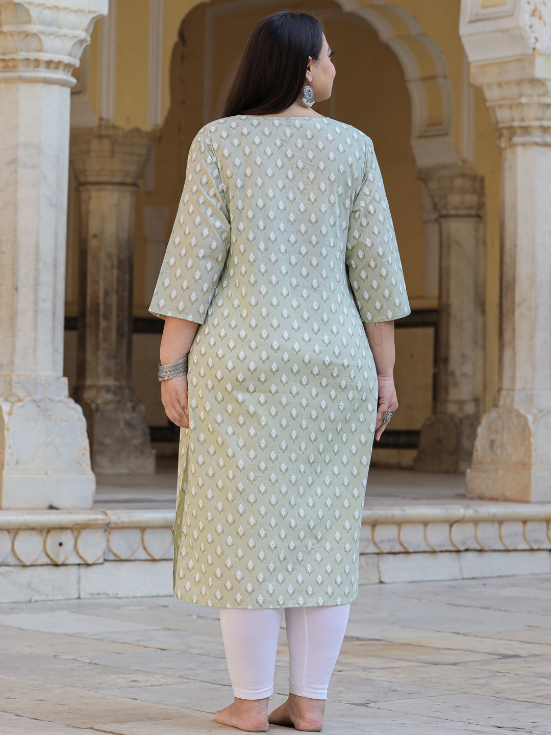 Straight Style Cotton Fabric Green Color Kurta