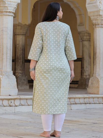 Straight Style Cotton Fabric Green Color Kurta