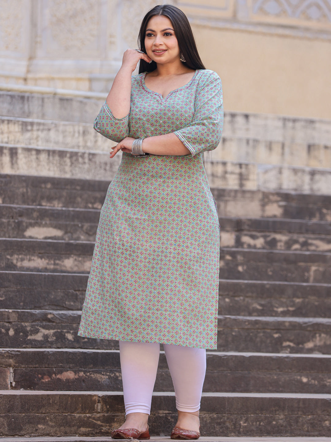 Straight Style Cotton Fabric Green Color Kurta