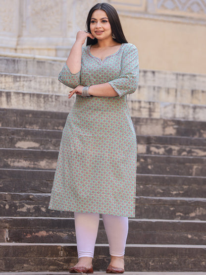 Straight Style Cotton Fabric Green Color Kurta