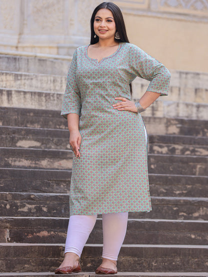 Straight Style Cotton Fabric Green Color Kurta