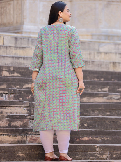 Straight Style Cotton Fabric Green Color Kurta