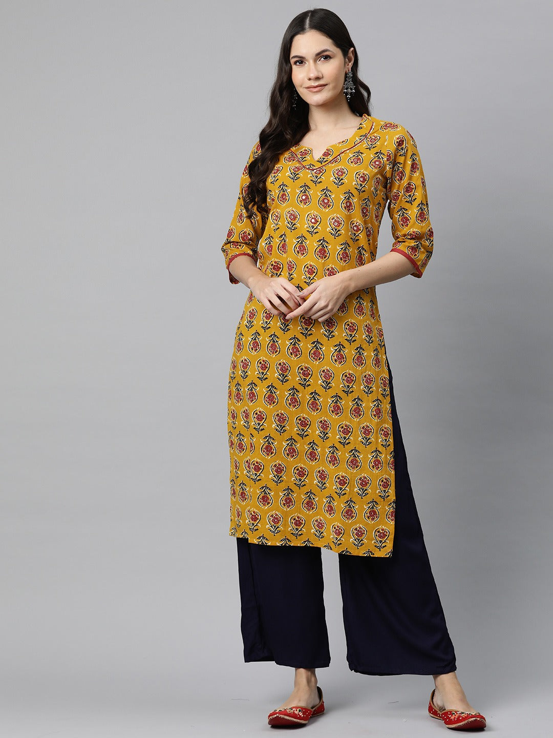 Straight Style Cotton Fabric Mustard Color Kurta