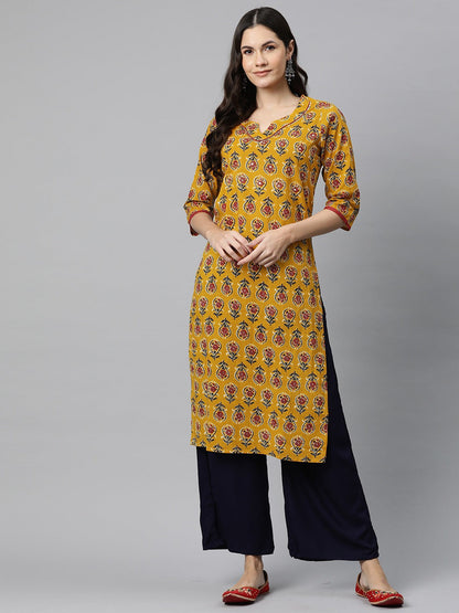 Straight Style Cotton Fabric Mustard Color Kurta
