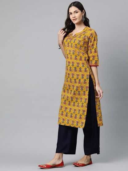 Straight Style Cotton Fabric Mustard Color Kurta