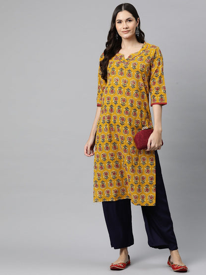 Straight Style Cotton Fabric Mustard Color Kurta