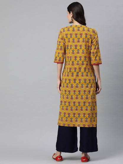 Straight Style Cotton Fabric Mustard Color Kurta