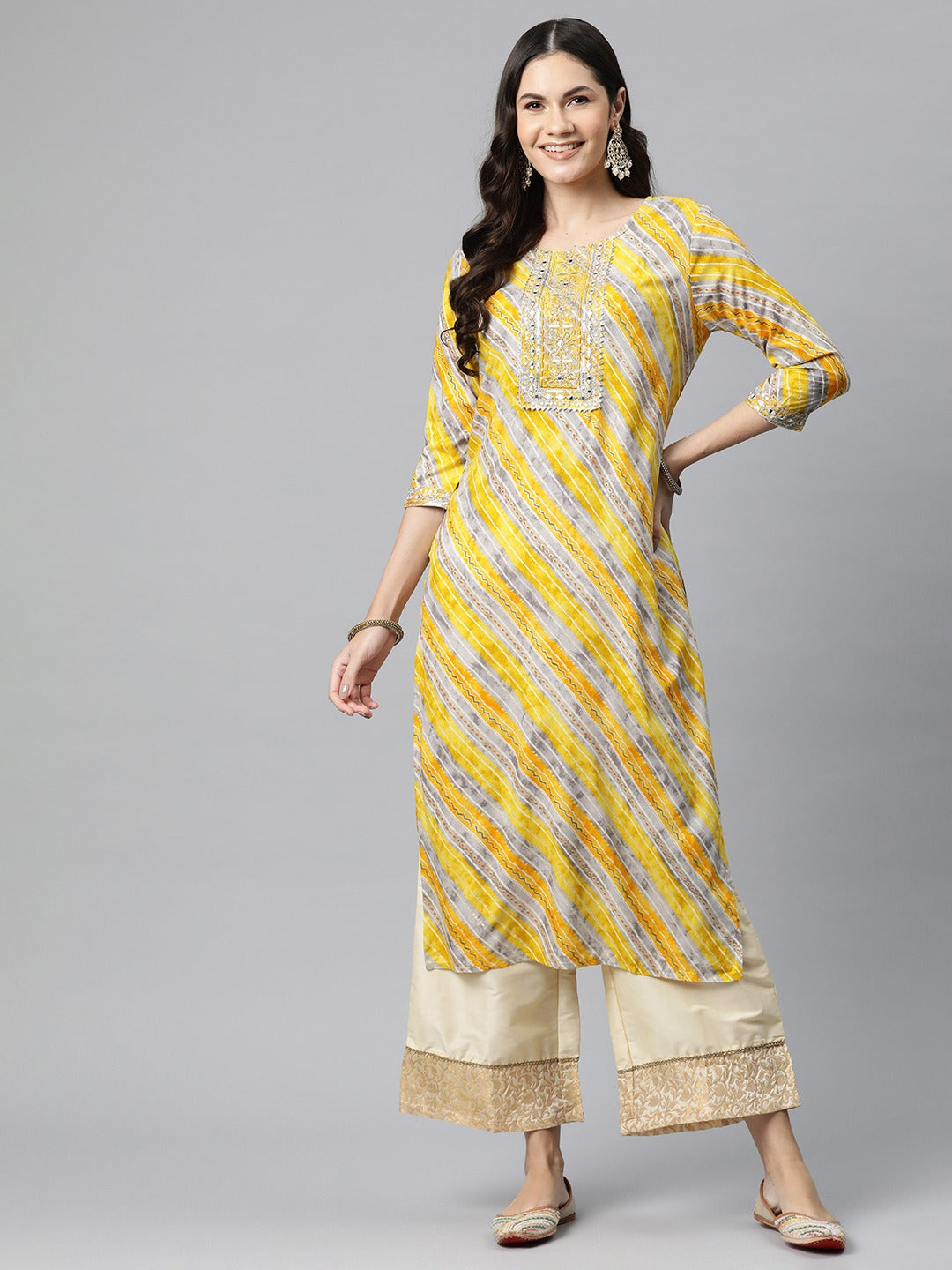 Straight Style Rayon Fabric Yellow Color Kurta