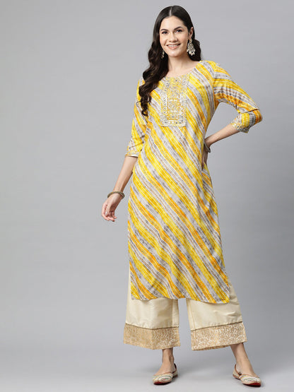 Straight Style Rayon Fabric Yellow Color Kurta