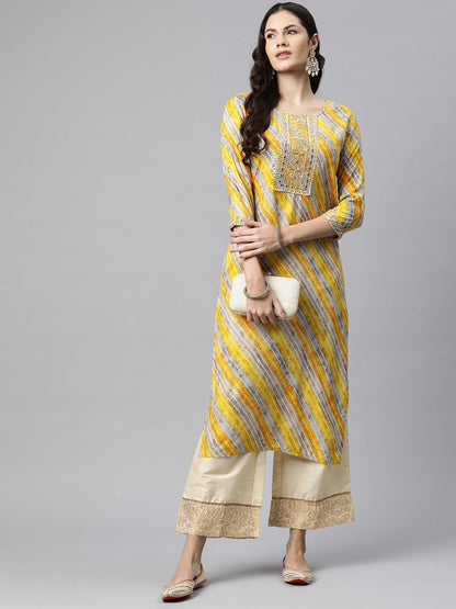 Straight Style Rayon Fabric Yellow Color Kurta