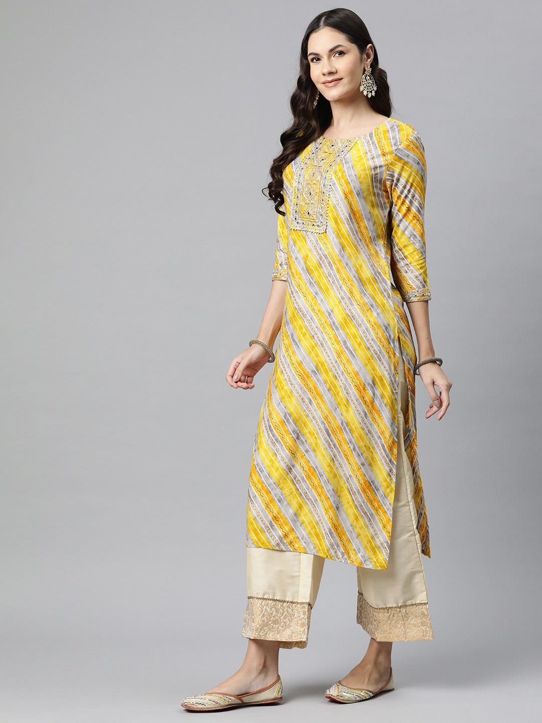Straight Style Rayon Fabric Yellow Color Kurta