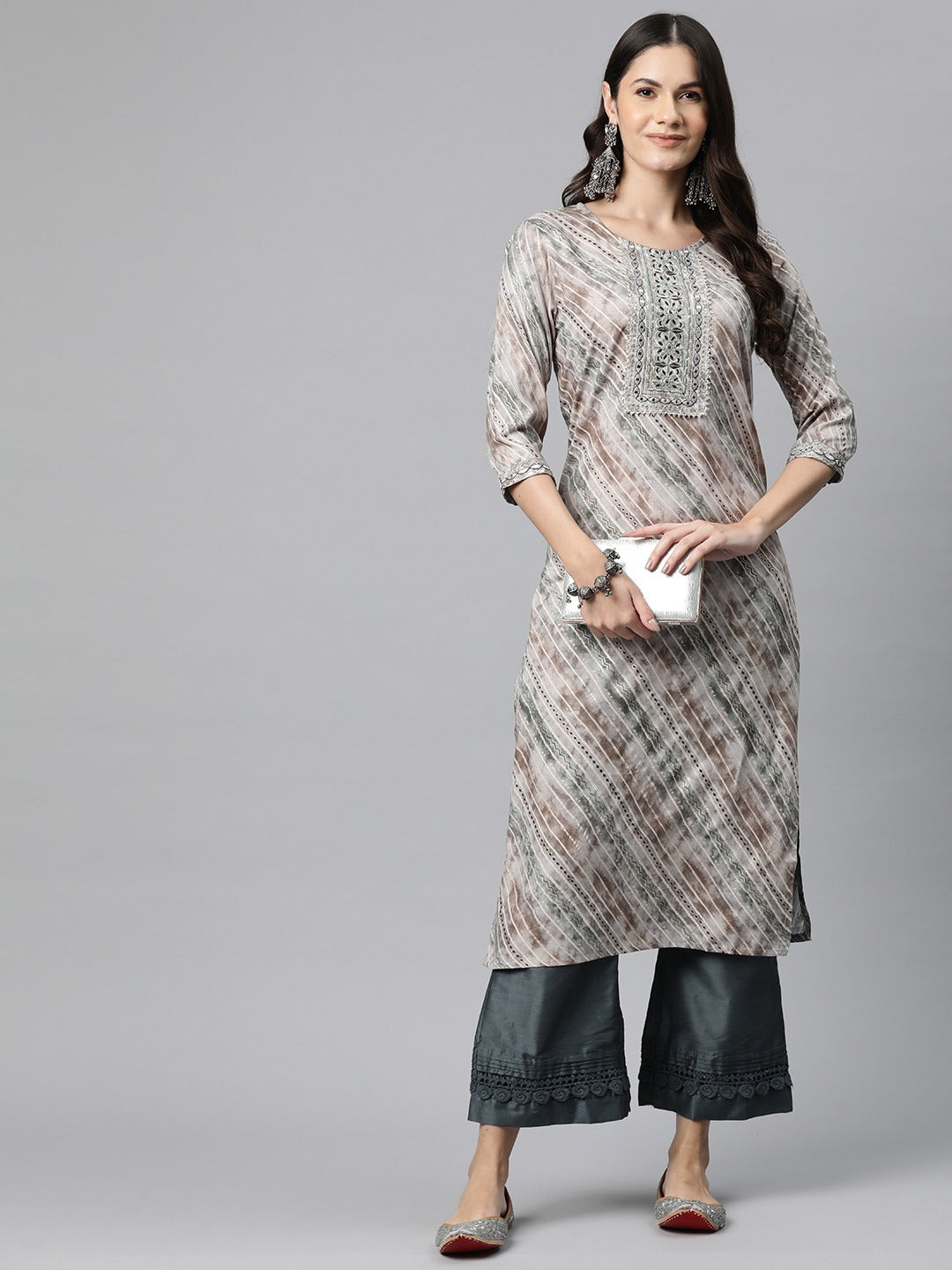 Straight Style Rayon Fabric Grey Color Kurta