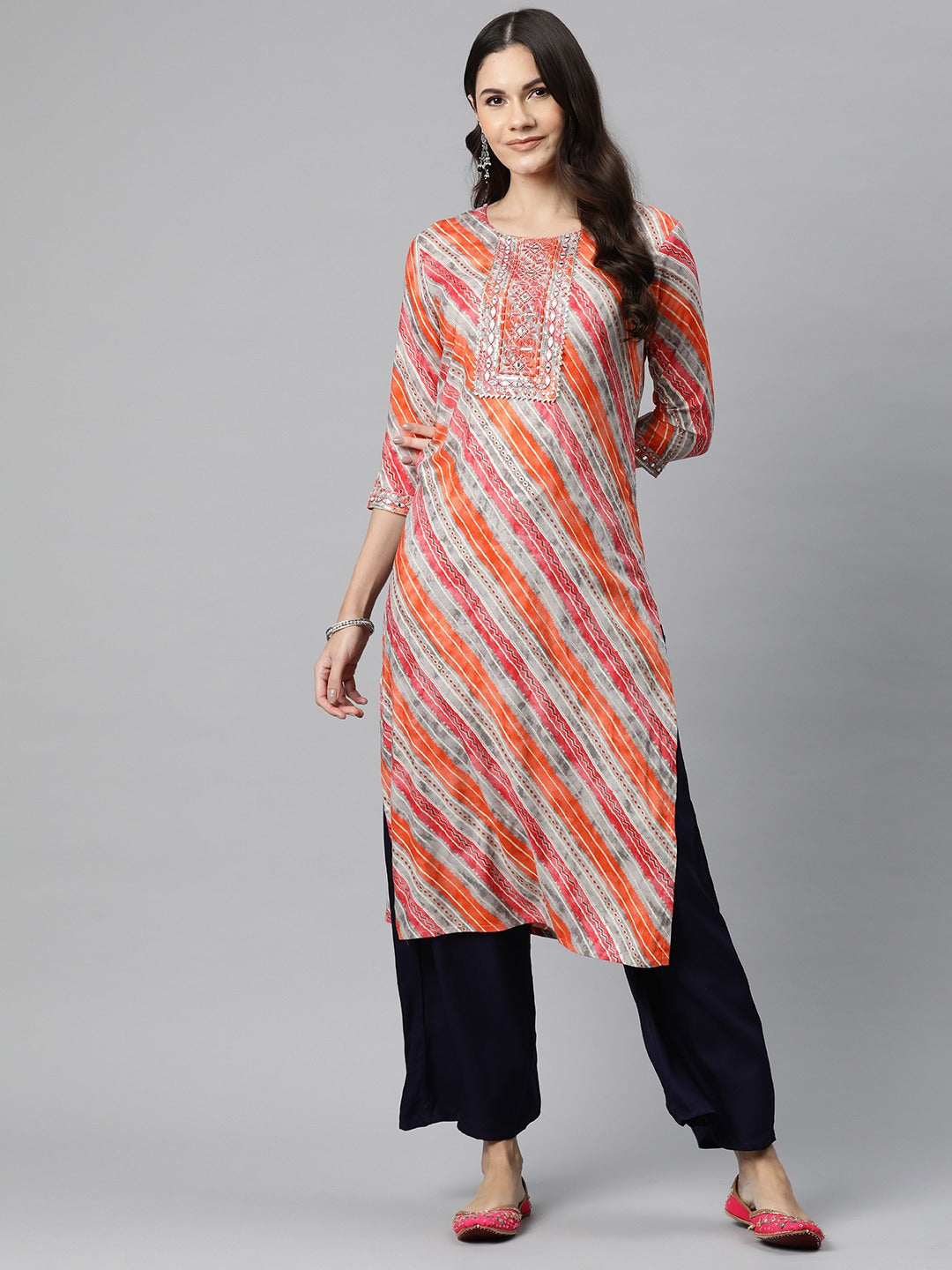 Straight Style Rayon Fabric Orange Color Kurta