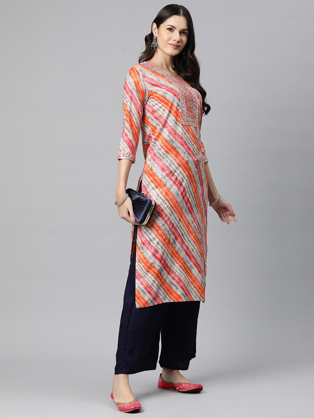 Straight Style Rayon Fabric Orange Color Kurta