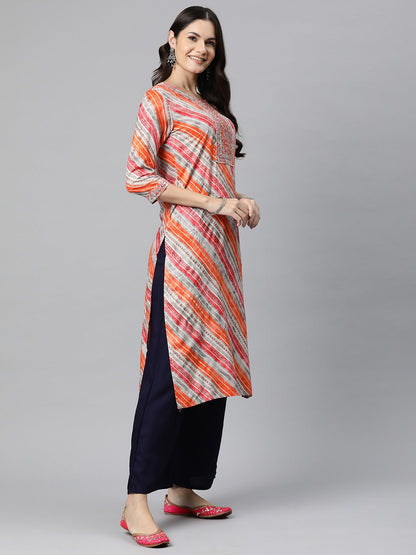 Straight Style Rayon Fabric Orange Color Kurta