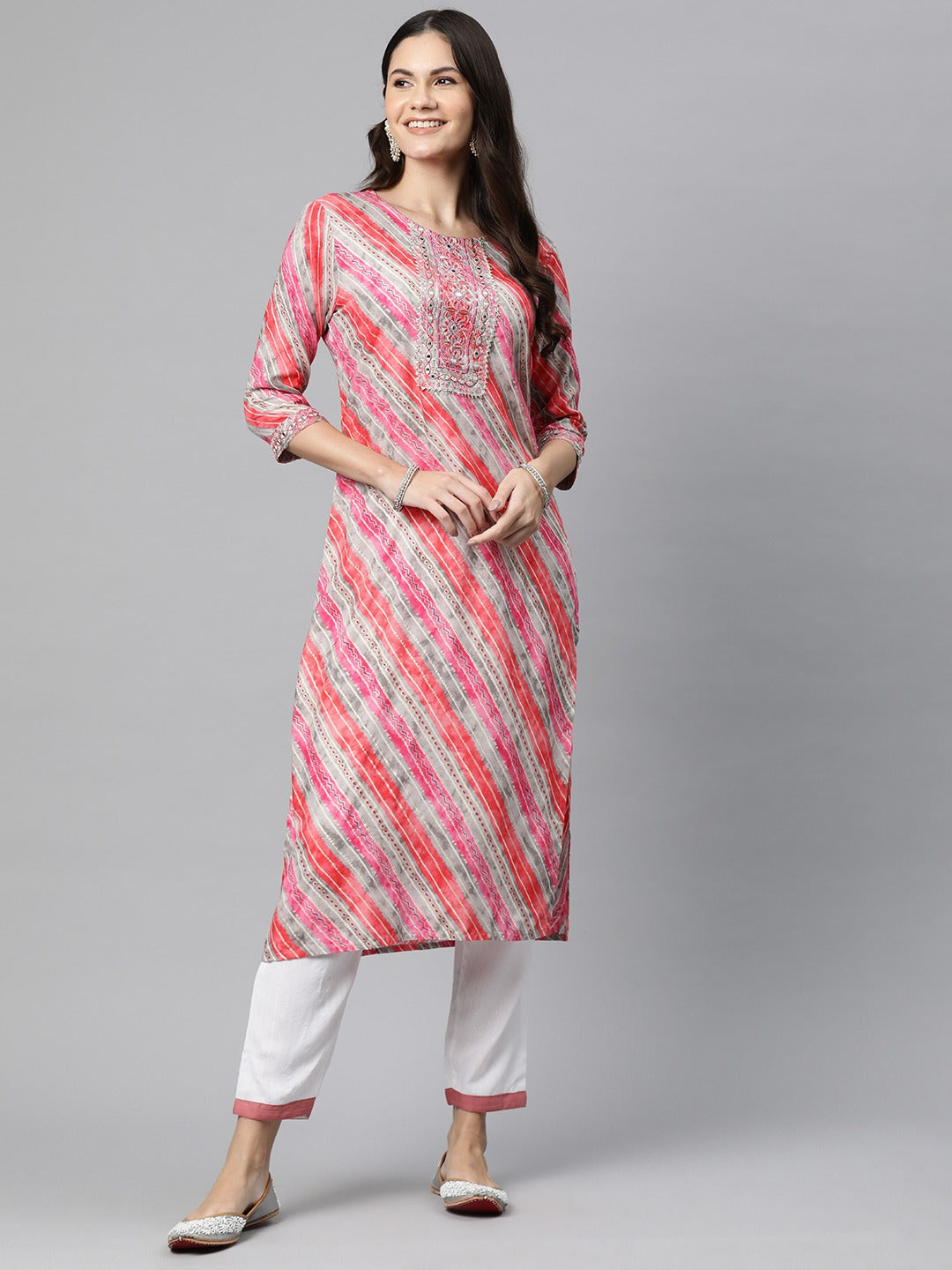 Straight Style Rayon Fabric Pink Color Kurta