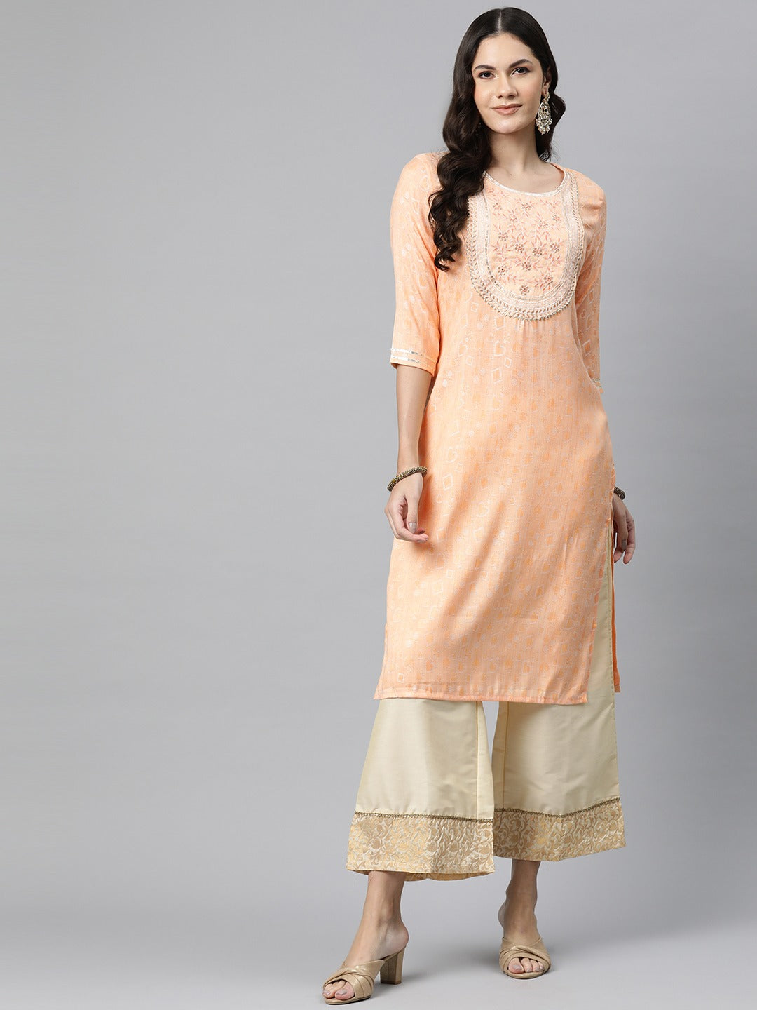 Straight Style Rayon Fabric Peach Color Kurta