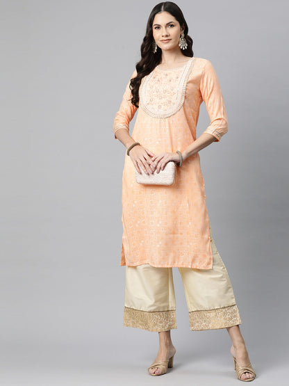 Straight Style Rayon Fabric Peach Color Kurta