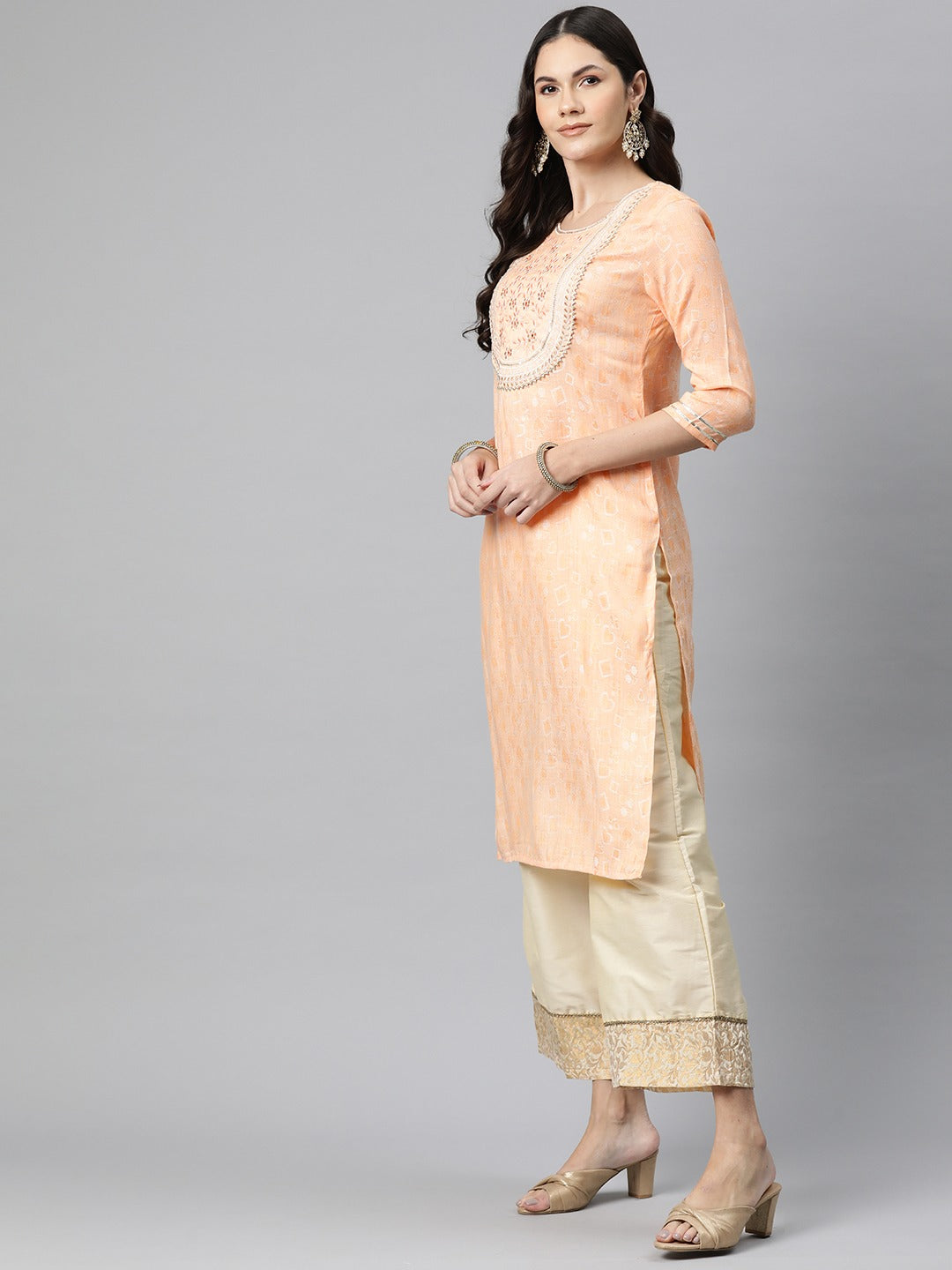 Straight Style Rayon Fabric Peach Color Kurta