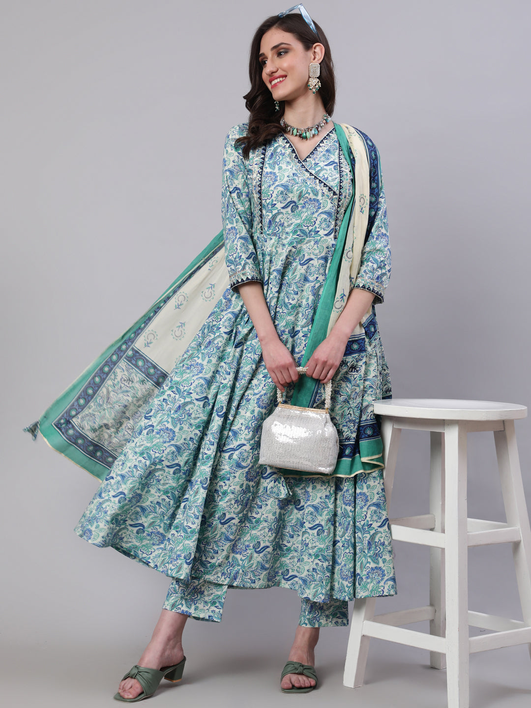 Cotton Calf Length Printed Semi-Flared 3/4 Sleeves V-Neck Kurta Bottom Dupatta Set