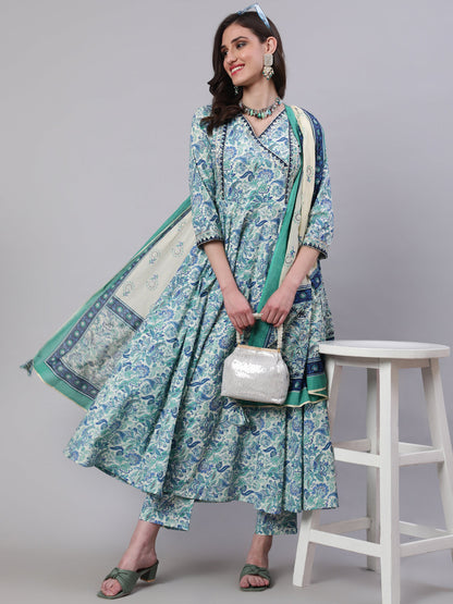 Cotton Calf Length Printed Semi-Flared 3/4 Sleeves V-Neck Kurta Bottom Dupatta Set