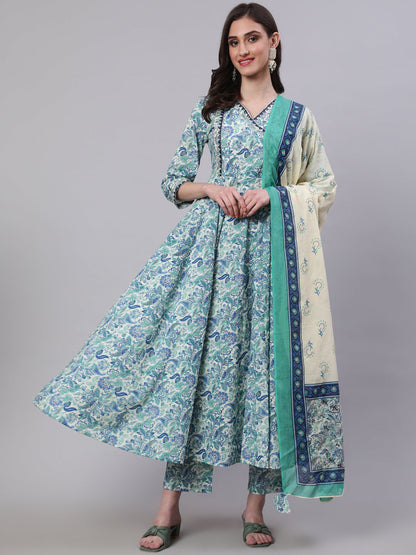 Cotton Calf Length Printed Semi-Flared 3/4 Sleeves V-Neck Kurta Bottom Dupatta Set