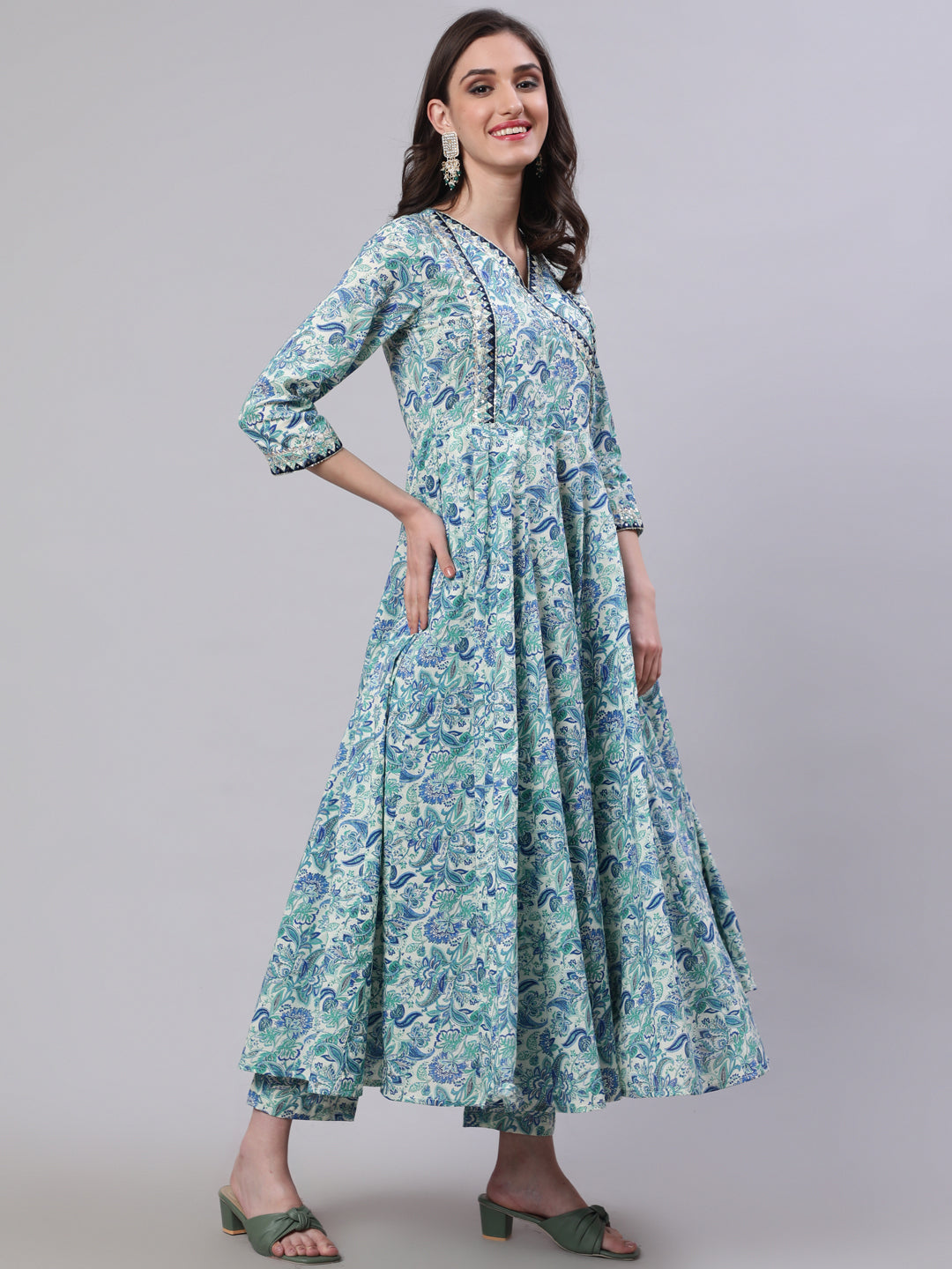 Cotton Calf Length Printed Semi-Flared 3/4 Sleeves V-Neck Kurta Bottom Dupatta Set