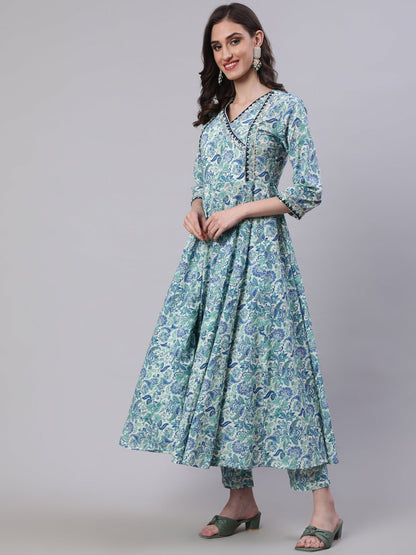 Cotton Calf Length Printed Semi-Flared 3/4 Sleeves V-Neck Kurta Bottom Dupatta Set