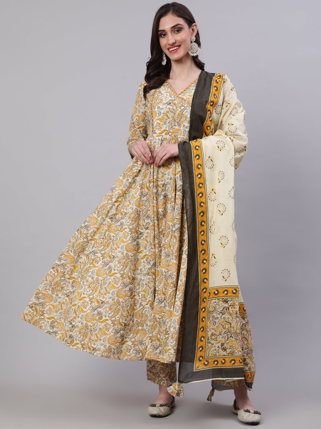 Cotton Calf Length Printed Semi-Flared 3/4 Sleeves V-Neck Kurta Bottom Dupatta Set