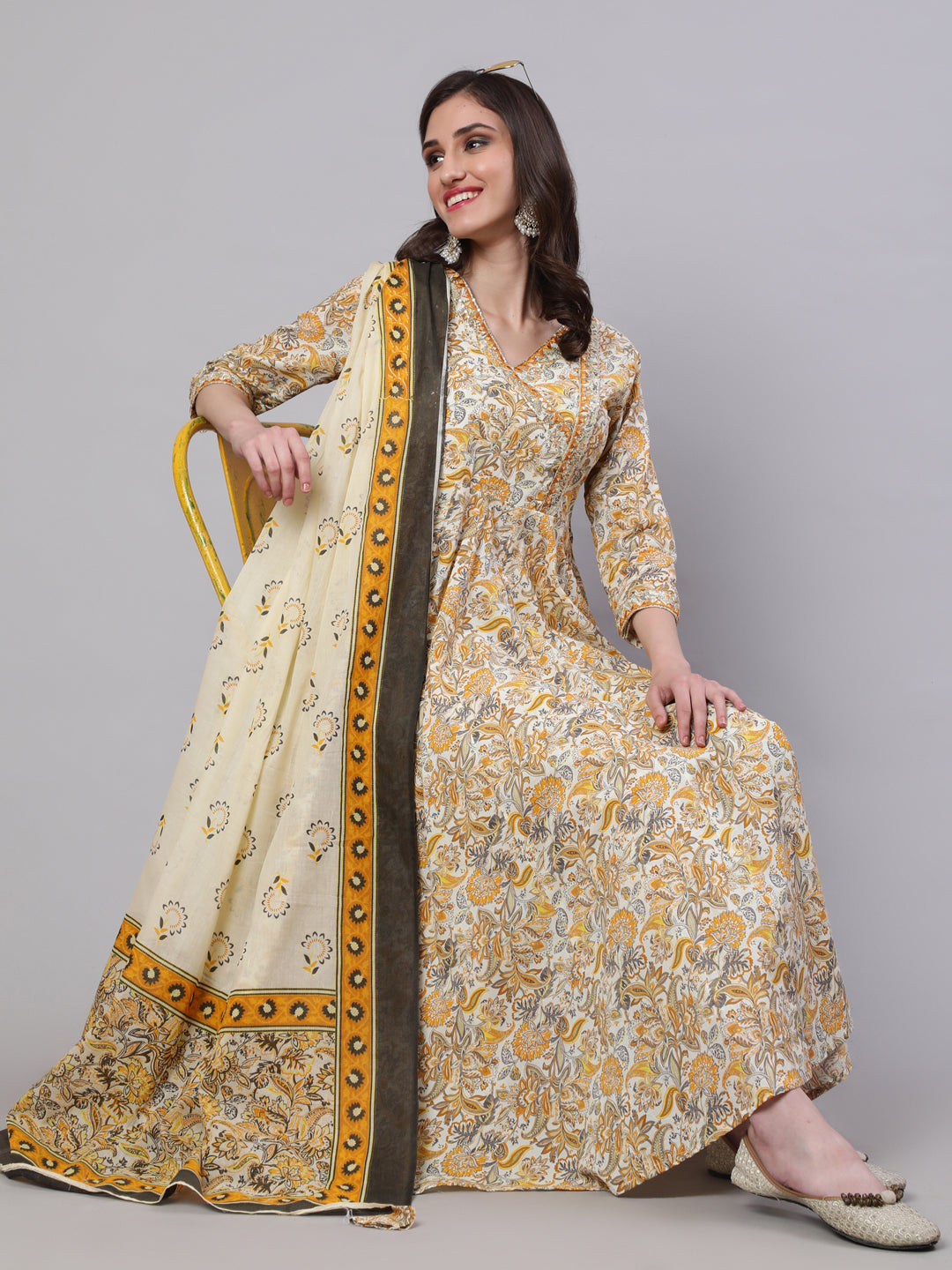 Cotton Calf Length Printed Semi-Flared 3/4 Sleeves V-Neck Kurta Bottom Dupatta Set