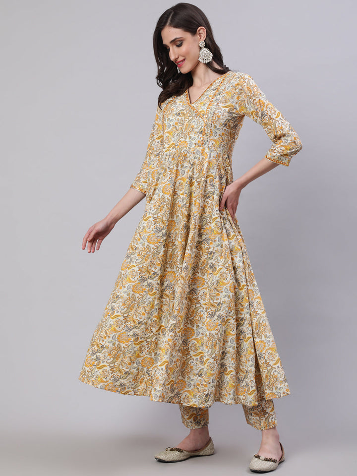 Cotton Calf Length Printed Semi-Flared 3/4 Sleeves V-Neck Kurta Bottom Dupatta Set