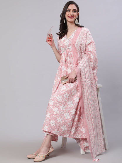 Cotton Calf Length Printed Semi-Flared 3/4 Sleeves V-Neck Kurta Bottom Dupatta Set