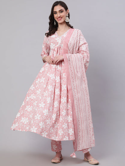 Cotton Calf Length Printed Semi-Flared 3/4 Sleeves V-Neck Kurta Bottom Dupatta Set