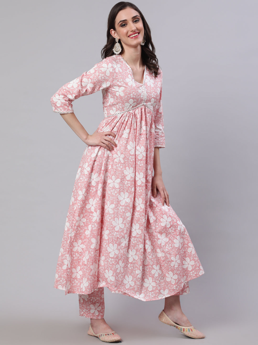 Cotton Calf Length Printed Semi-Flared 3/4 Sleeves V-Neck Kurta Bottom Dupatta Set