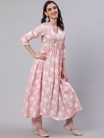 Cotton Calf Length Printed Semi-Flared 3/4 Sleeves V-Neck Kurta Bottom Dupatta Set