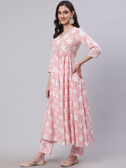 Cotton Calf Length Printed Semi-Flared 3/4 Sleeves V-Neck Kurta Bottom Dupatta Set