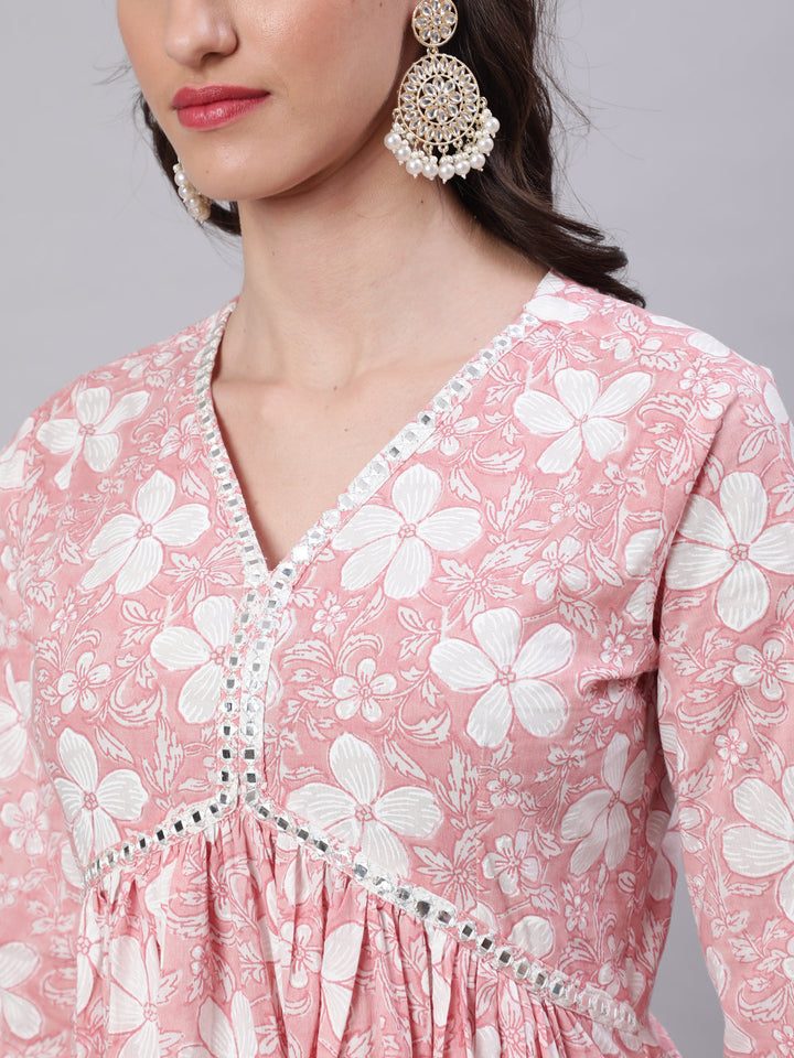 Cotton Calf Length Printed Semi-Flared 3/4 Sleeves V-Neck Kurta Bottom Dupatta Set