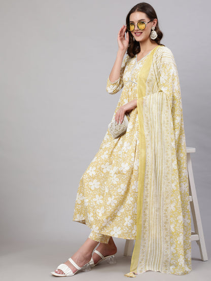 Cotton Calf Length Printed & Embroidery  Semi-Flared 3/4 Sleeves V Neck Kurta Bottom Dupatta Set