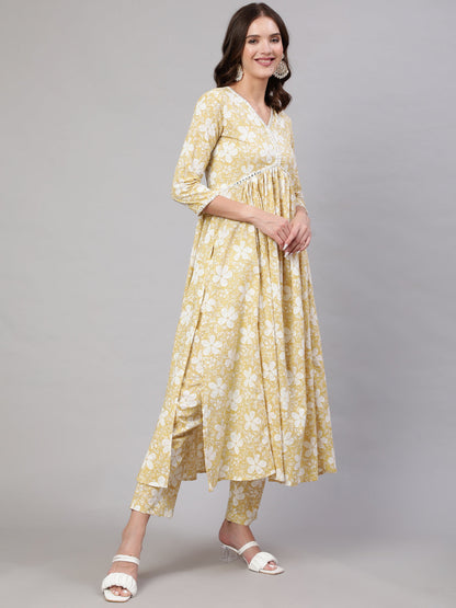 Cotton Calf Length Printed & Embroidery  Semi-Flared 3/4 Sleeves V Neck Kurta Bottom Dupatta Set